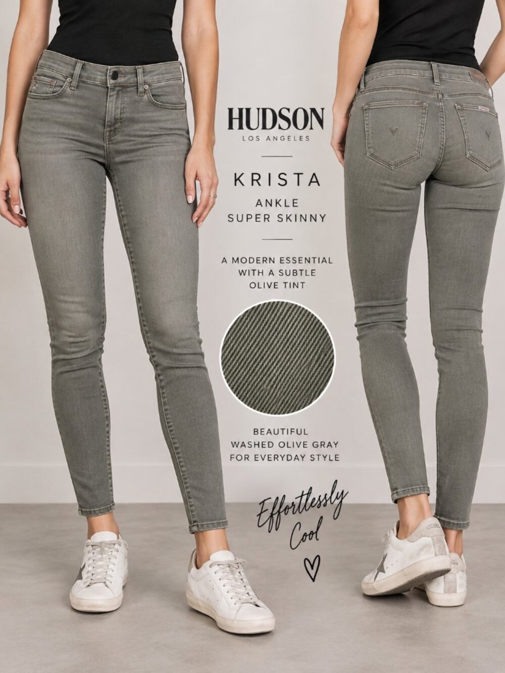 Hudson Krista Ankle Super Skinny Jeans 29 Olive Gray Neutral Sleek Stretch Denim
